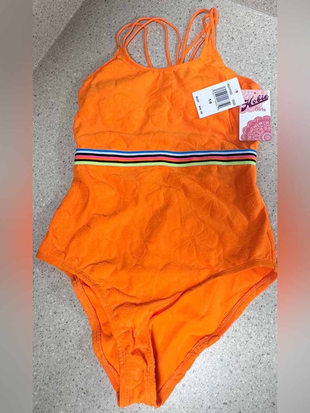 Hobie Girls Orange One-Piece Swimsuit with Rainbow Stripe Waist